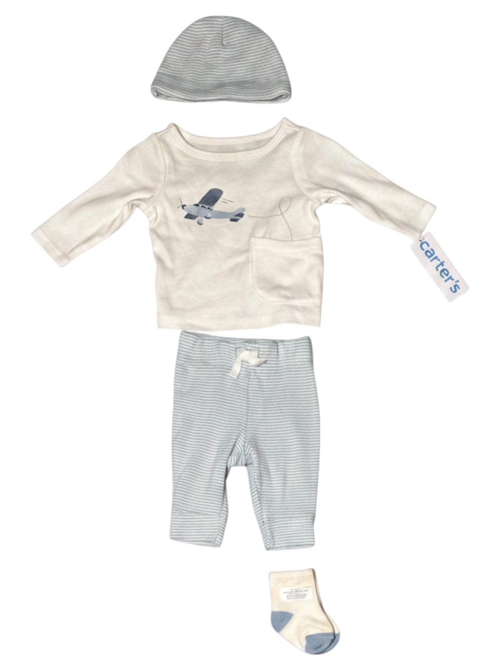 Carter's Cream and Light Blue Striped Baby Hat & Top Set